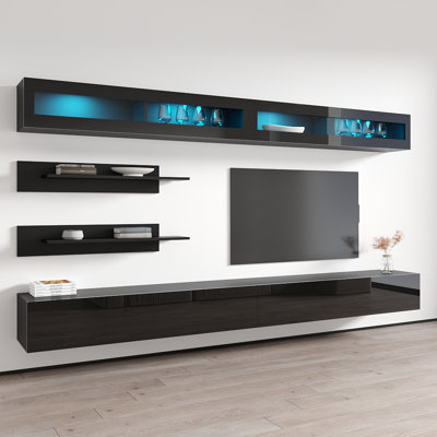 Waconia 126" Modern Floating Wall Mounted Entertainment Center with 16-Color LED Lighting, High Gloss Finish