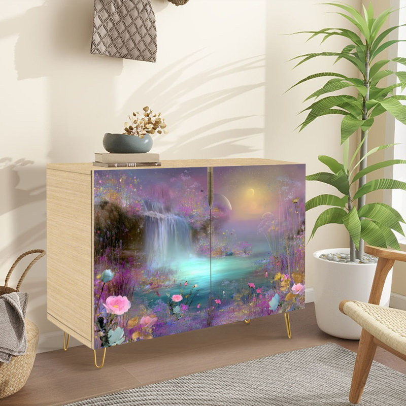 Buffet Buffet avec rangement Fantasy Cosmic Landscape Waterfall Glowing Flowers Ringed planète avec 2 portes pour le salon et la cuisine