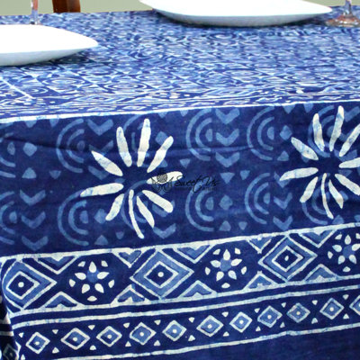 Hand Block Printed Cotton Floral Tablecloth Collection, Indigo Blue