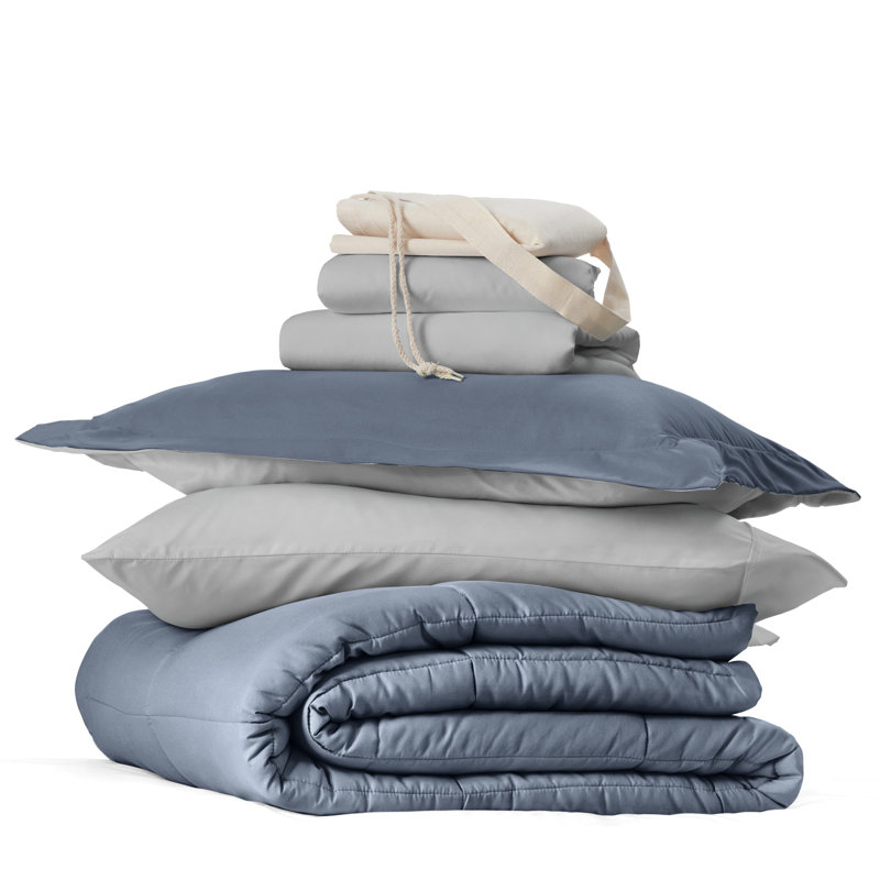 8-PC College Dorm Twin XL Bedding Bundle - Comforter Set, Sheet Set, Pillows and Laundry Bag, Stone / Light Gray
