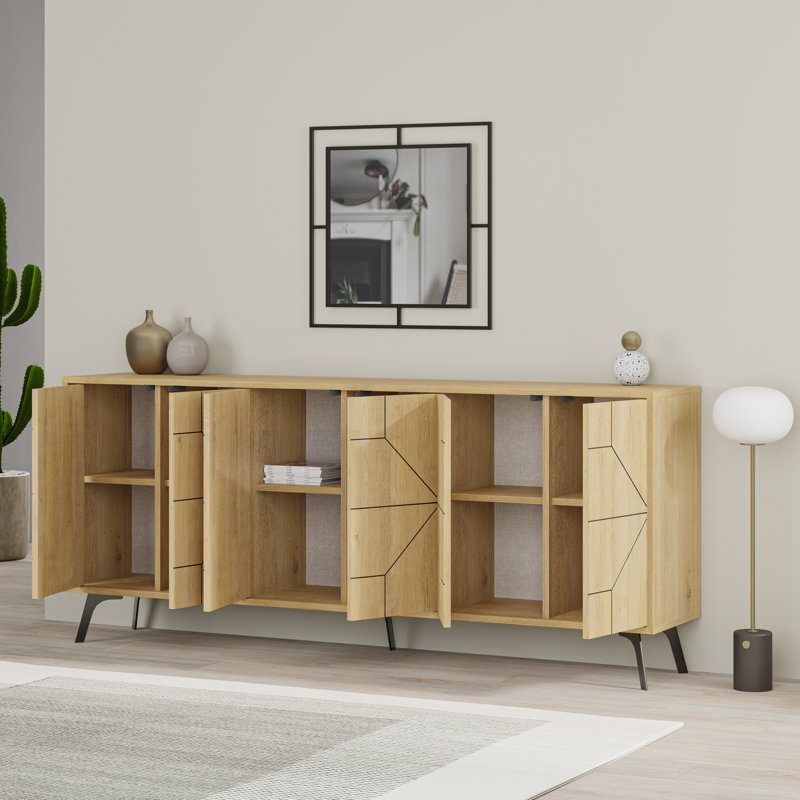 183cm Wide Modern Geometric Sideboard Storage with Push-to-open Doors, Oak