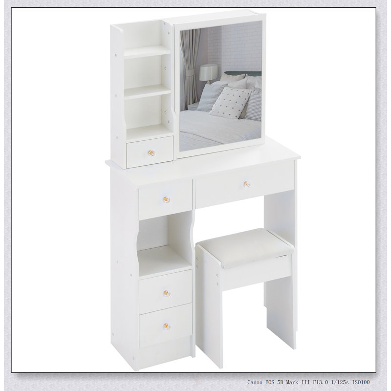 Table de coiffeuse compacte avec très grand miroir coulissant, rangement multicouche et tabouret rembourré pour les petits espaces