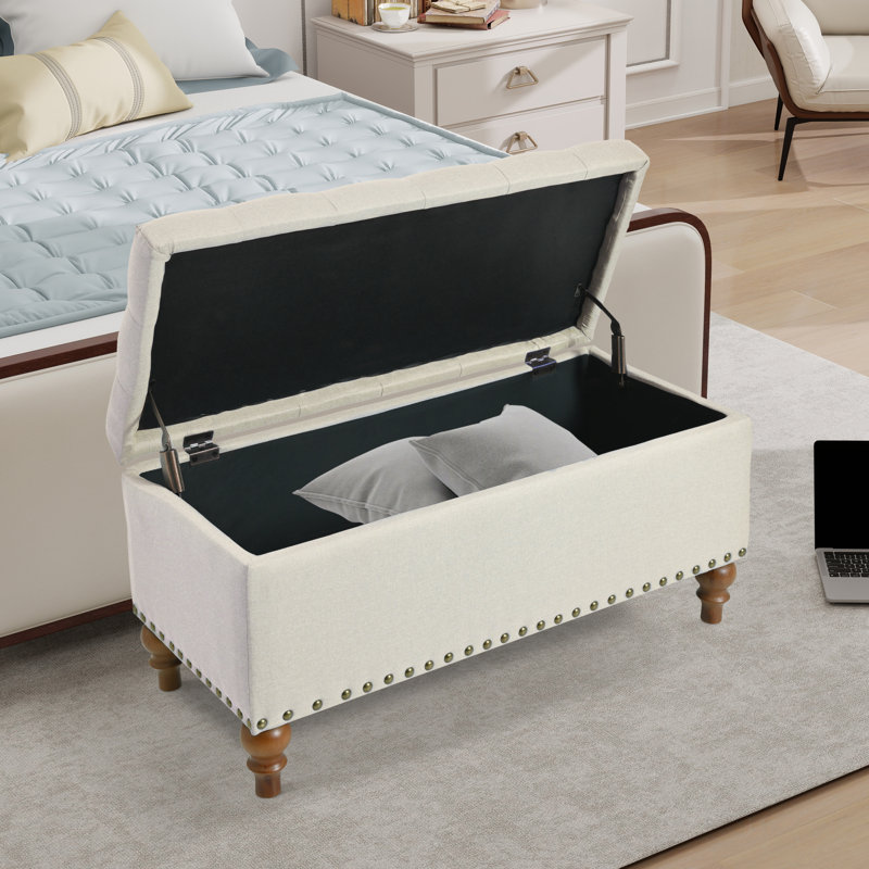 Banc de rangement repose-pieds, charnière de support encastrée facile à ouvrir, garniture rivetée, chambre à coucher, entrée, salon, lin (beige)