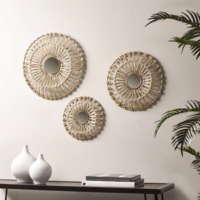 3 art mural en fibre naturelle et miroir - décor moderne 20,5 po, 17,25 po, 13,25 po de diamètre avec cadre en métal, pièce maîtresse et décoration combinée, accent et suspension simple