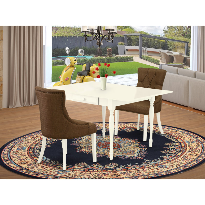 3 Piece Dining Table Set Contains a Rectangle Dining Room Table with Dropleaf and 2 Brown Linen Fabric Parsons Chairs, Linen White