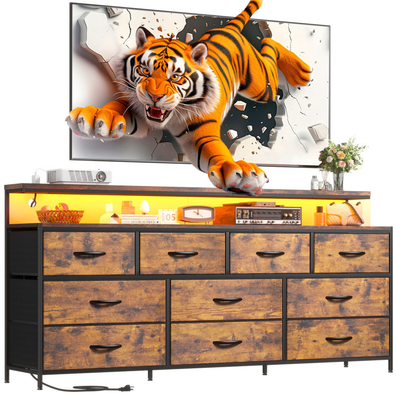 Commode 10 tiroirs 55 po pour chambre à coucher avec tablettes ouvertes à 2 niveaux, commode longue avec éclairage à DEL et prises de courant