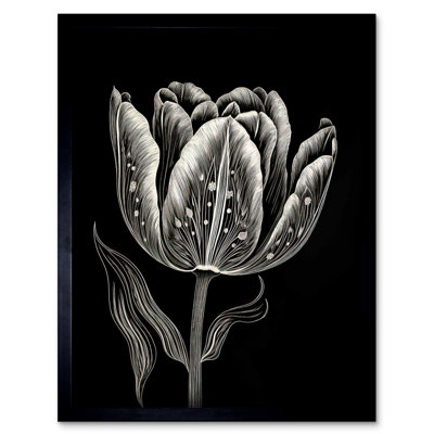 Koge Tulip Flower White On Black Blind Contour Folk Art - Single Picture Frame Print