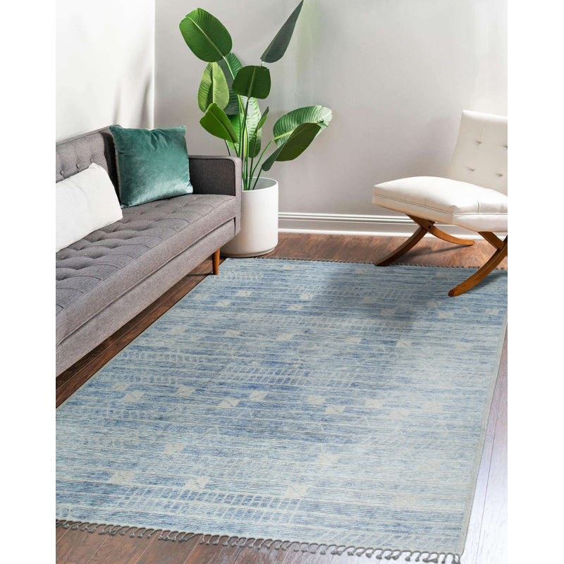 Classic Blue Hand-Knotted Wool Contemporary Transitional Area Rug