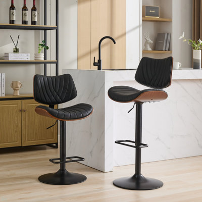 Walnut Bentwood Bar Stool Mid Century Modern Adjustable Counter Height Black Leather Upholstered 360°Swivel Bar Chair for Kitchen Island/Dining Room/Cafe