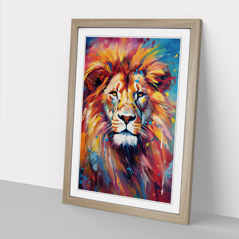 Lion Abstract - Single Picture Frame Print on Wood, 34cm H x 25cm W x 2cm D, Oak