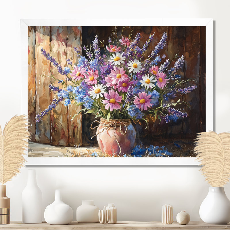 Art mural grand champ de fleurs de jardin II - Bouquets assortis, H 24 po x l 32 po, Cadre simple, Blanc