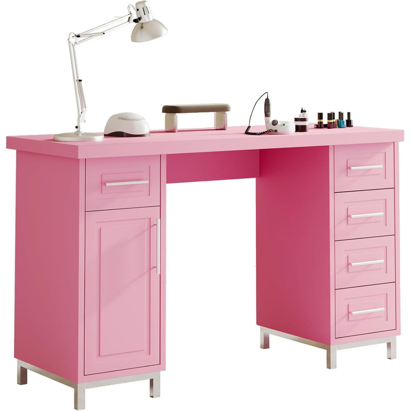 Bureau Nail Tech avec tiroirs, table de manucure de 43 pouces avec rangement pour Nail Tech, table de maquillage pour les ongles avec 5 tiroirs et armoire, bureau spa en bois