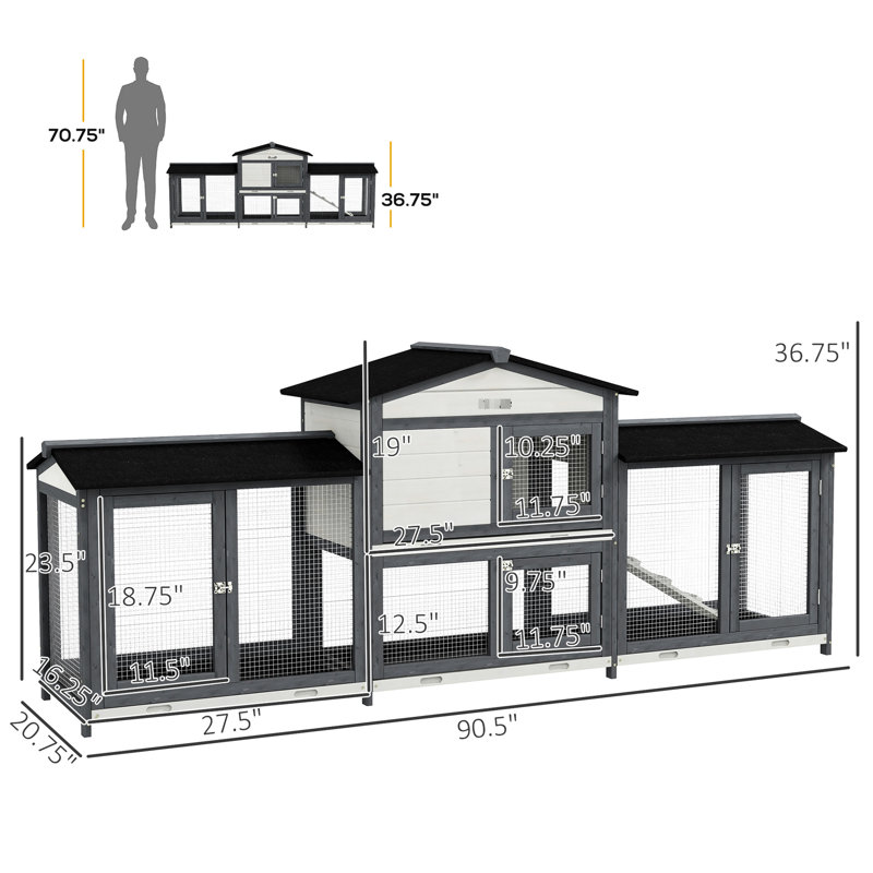 Cage à lapin en bois de 90,5 po avec boîtes doubles coulissantes, plateau sans fuite, rampe d'accès facile, compartiments extensibles en bois massif gris - pratique et spacieux pour les petits animaux de compagnie,
