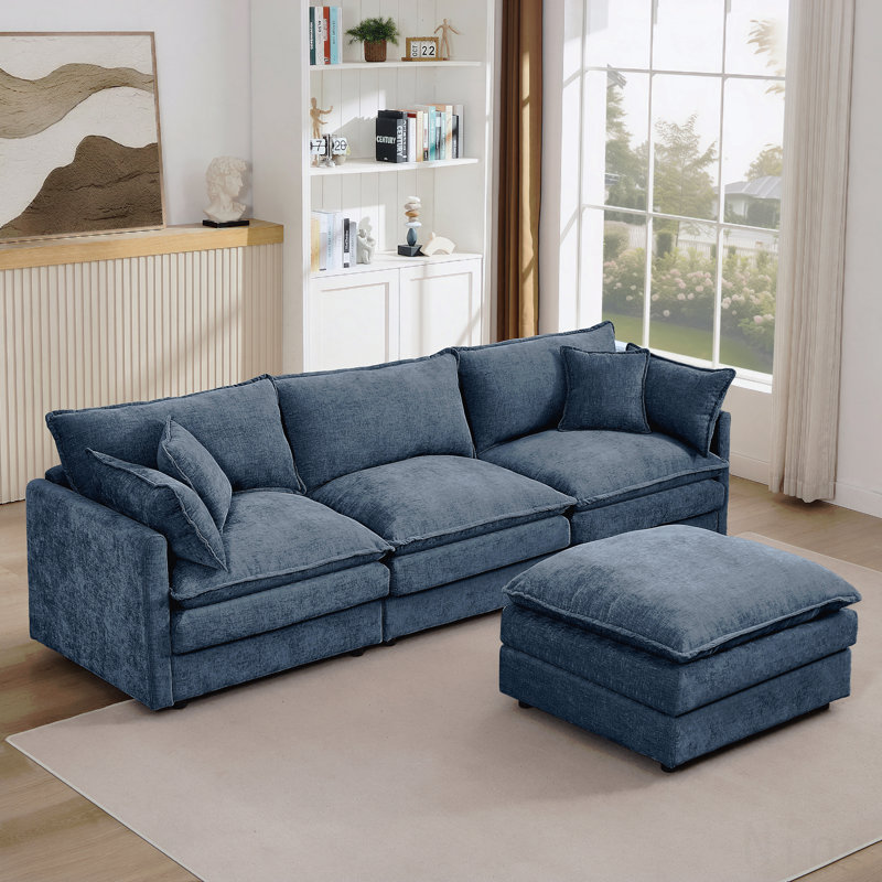 Canapé modulaire en forme de L 102 po avec repose-pieds amovible, revêtement en chenille - bleu, Bleu