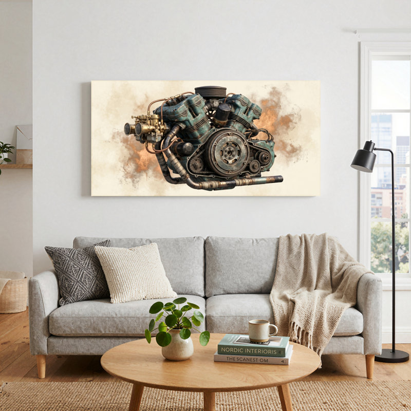 Ensemble de 1 tableau sur toile Steampunk représentant un moteur, 58“W x 28”H, Wrapped Canvas