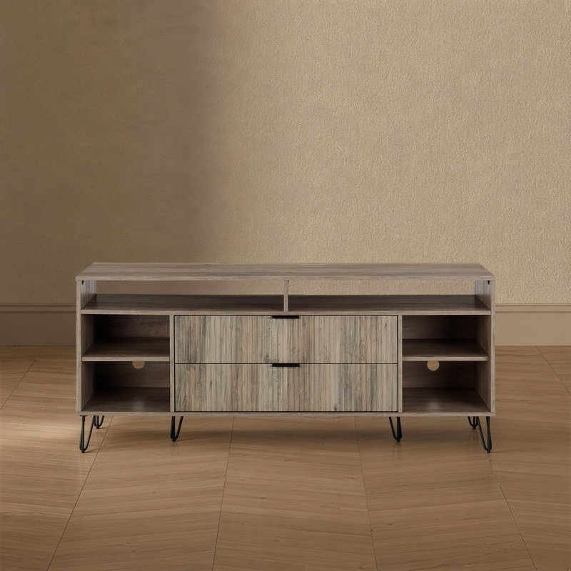 Dumbo 63" Fluted TV Stand In Rustic Gray, Gray/Black, 26.77"H x 62.99"L x 17.99"W