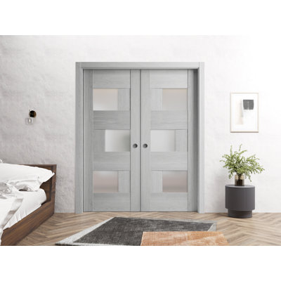 Portes coulissantes françaises doubles à galandage avec verre dépoli Sete 6933, ensemble de garnitures en chêne gris pâle, quincaillerie de rail, bois massif, intérieur de chambre, portes robustes 56" x 80" (2 x 28 x 80)
