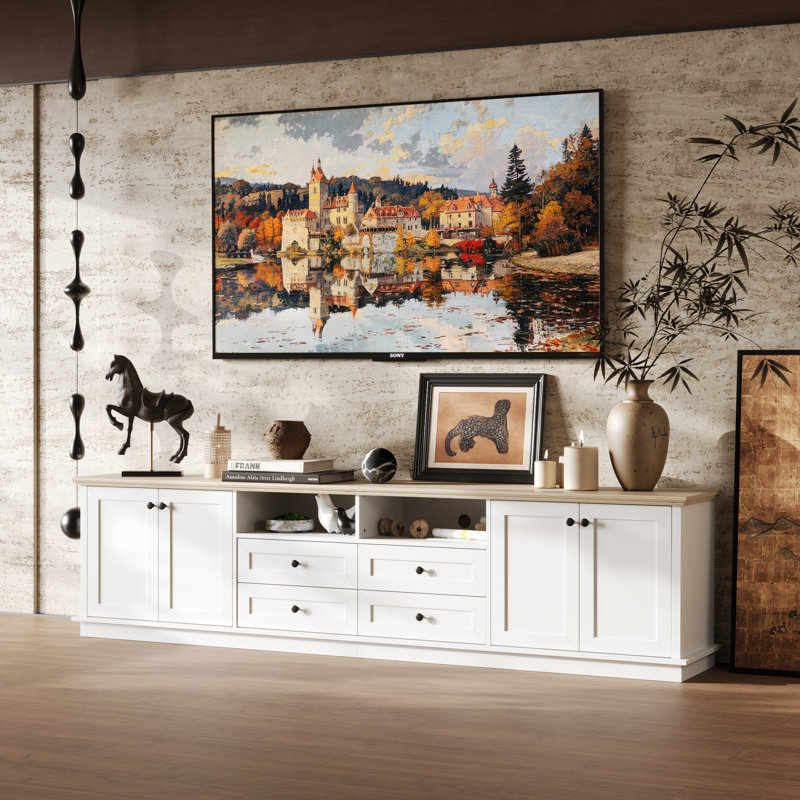Extra Wide White TV Stand With Thickened Top, 4 Drawers And 4 Cabinets For Living Room Storage