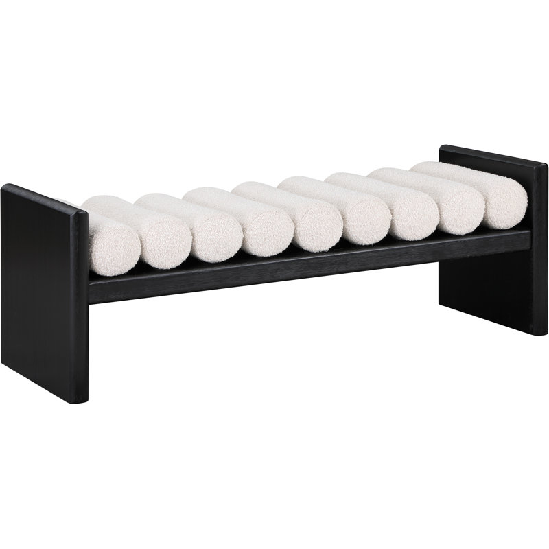 Contemporary Black Wood Bench with Rich Green Boucle Cushion