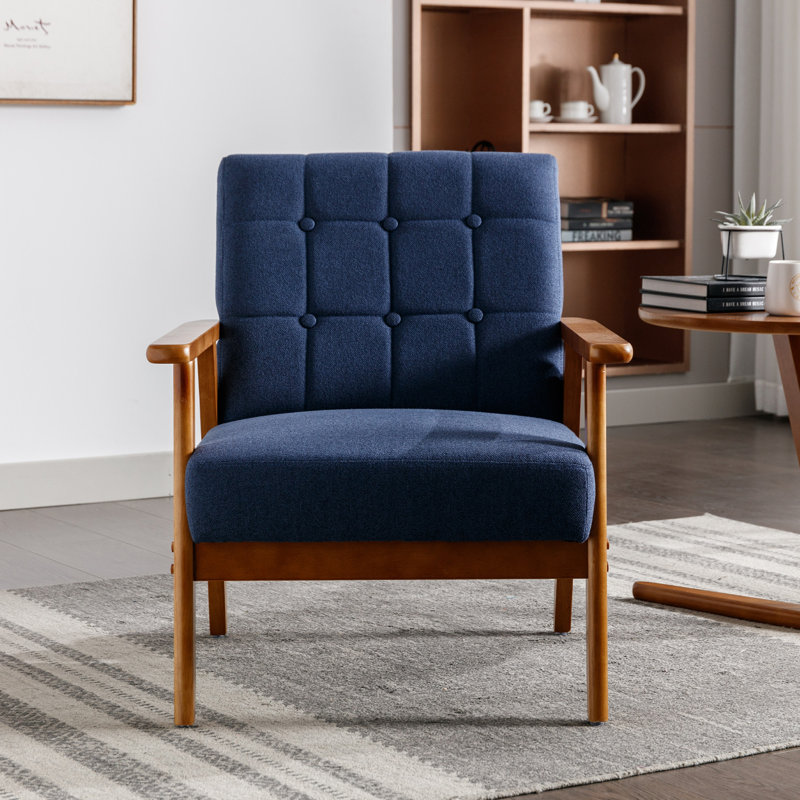 Chaise d'appoint, fauteuil de style Mid-Century moderne avec structure en bois massif, fauteuil de salon, chambre à coucher - bleu marine
