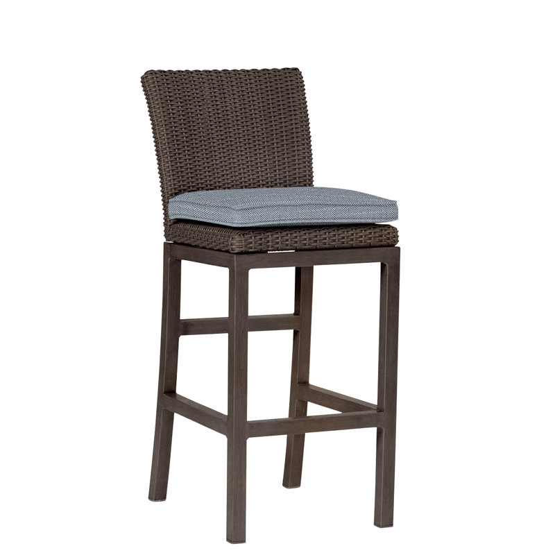 Rustic 30.5" Patio Bar Stool with Cushion, Welt, Slate Gray, Rollo Chambray InsideOut® Linen