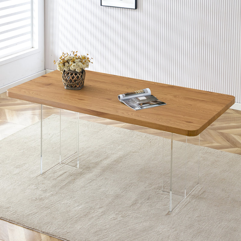 Table de salle à manger moderne et minimaliste en bois moderne avec pieds en acrylique, conception rectangulaire, convenant aux restaurants, salons, cuisines, disponible en blanc + panneau de fibres à densité moyenne et bois et panneaux de fibres à de