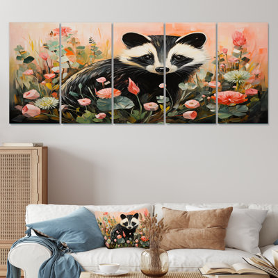 «Black Playful Skunk Floral Meadows I» - ensemble de 5 décorations murales Skunk