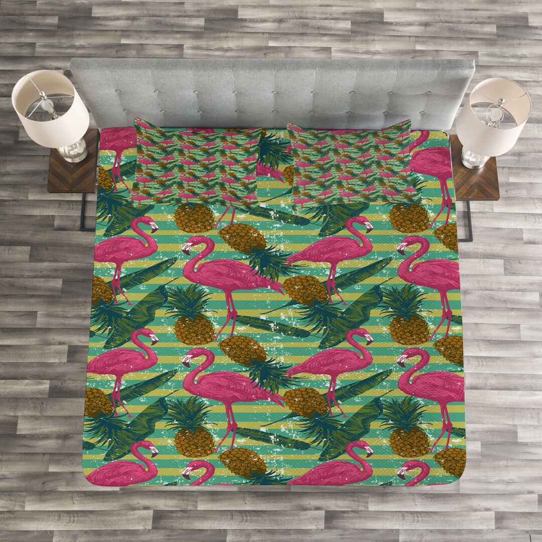 Gestepptes Bettdecken-Set, Ananas Banana Leaf, Flamingo, Mehrfarbig