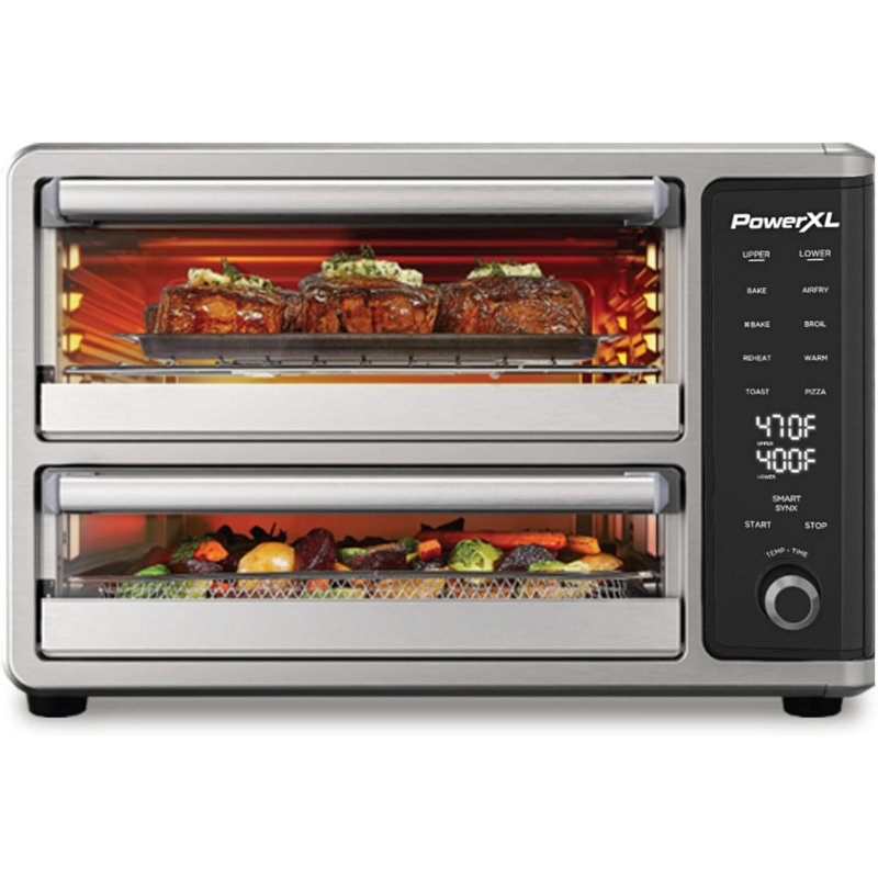 PowerXL SmartSynx Dual Door Oven, 8 Quick-Touch Cooking Presets including Air Fry, Toast, Bake & Broil, Large Capacity, Cooks 2 Foods Simultaneously.
