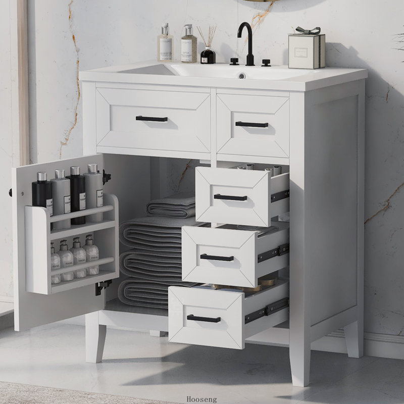 Ensemble de meuble-lavabo autoportant 30 po avec évier, cadre solide et armoire en MDF avec tiroirs multiples, blanc, Blanc