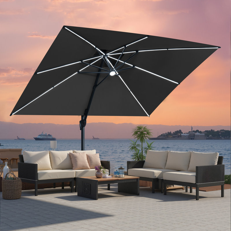 Parasol extérieur rectangulaire en porte-à-faux à DEL 153 "x 116" avec base lestée, Noir