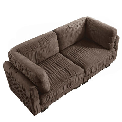 Canapé d'angle modulaire deux places en chenille à détails froncés, mousse haute densité, coussins de dossier épais