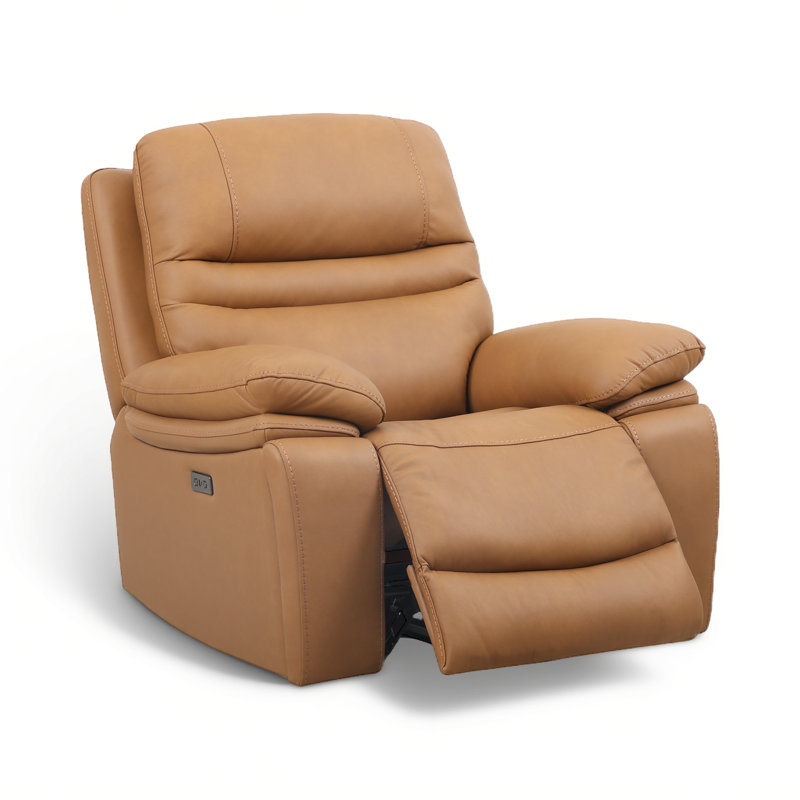 Modern Top Grain Leather Power Recliner Chair with USB Charging and Hidden Cupholders, Brown