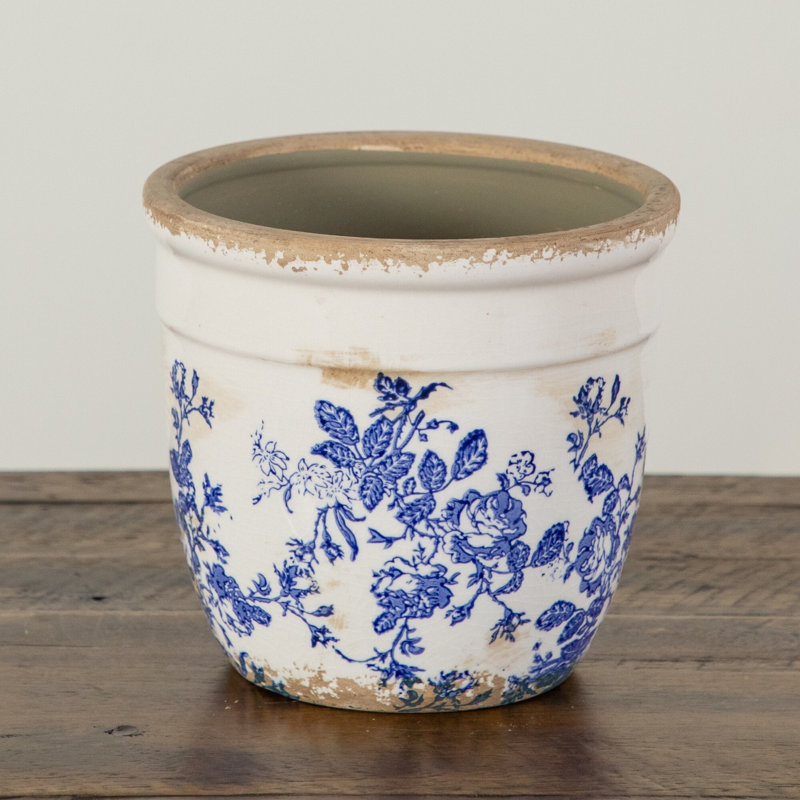 6.5in. Floral Tuscan Ceramic Blue Scroll Planter