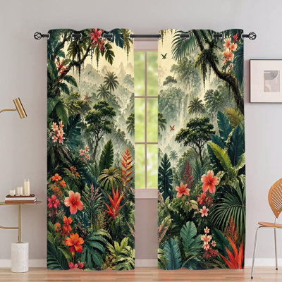 2Pcs Tropical Rainforest Jungle Floral Waterfall Print Grommet Blackout Curtains, Lush Natural Scenic Pattern, Polyester Window Drapes, Thermal Insulated, Noise Reducing & Privacy Protection, Stylish Indoor Home Decor for Living Room, Bedroom
