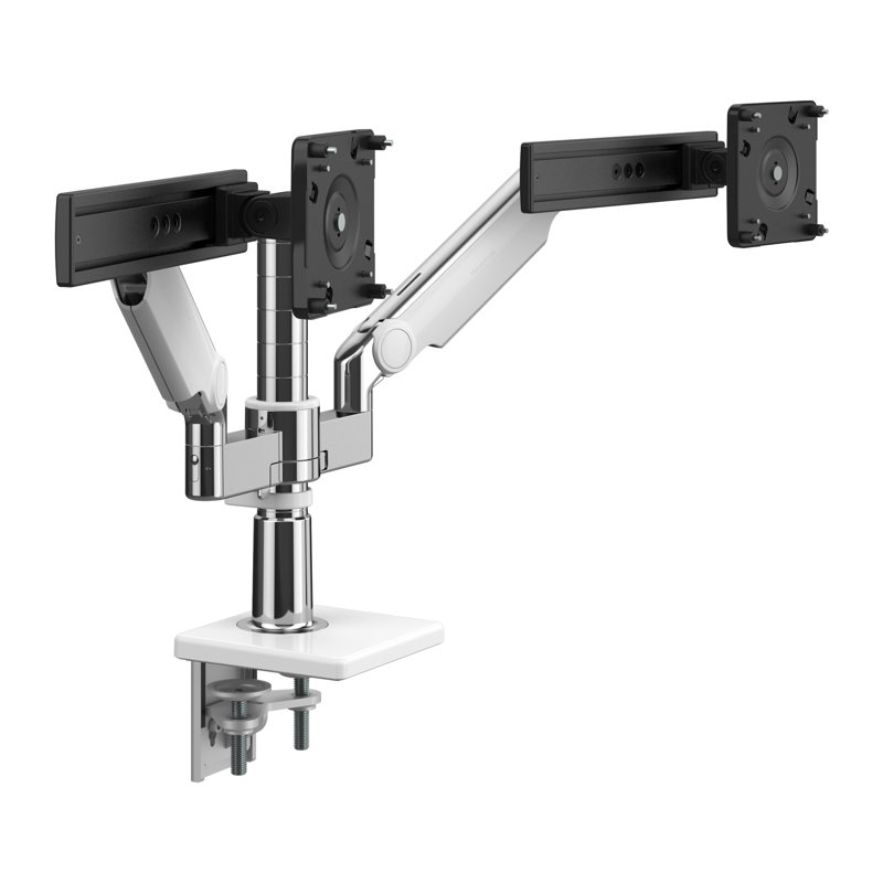 M/Flex For Two Monitors & Dual Arm Bracket, White, Polished Aluminum, Double with Slider & Dual Arm Bracket