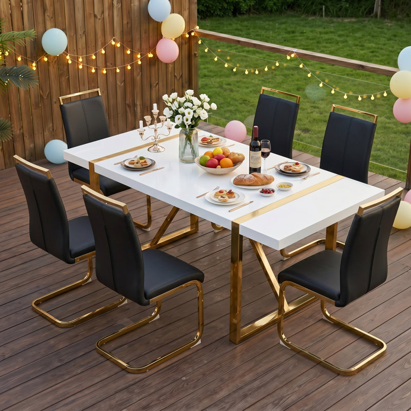 7-piece Modern Faux Marble Dining Set with Geometric Metal Base and Cantilever Chairs, 7, Black/Gold