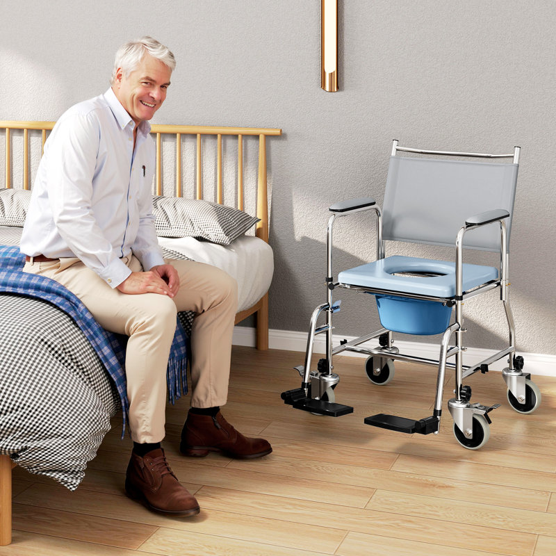 Rolling Shower Wheelchair, Bedside Commode Toilet Chair for Seniors
