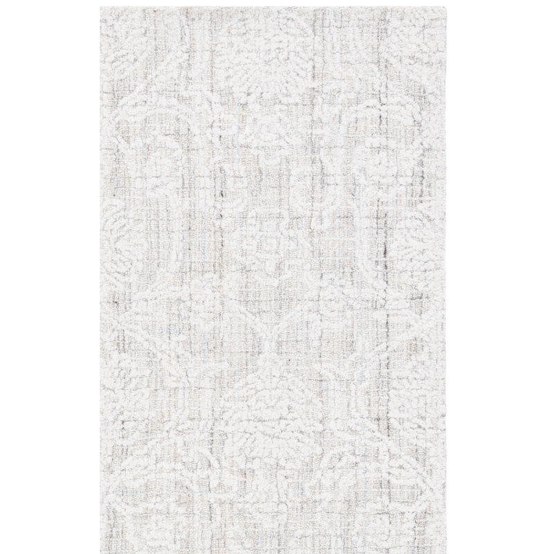 Grayci Hand Tufted Wool Cotton Pet Damask Rug in Ivory/Gray, Rectangle 5' x 8'