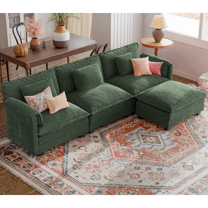 4-Piece Modular Deep-Seat Sectional Sofa With Reversible Chaise, Oversized Cushions & Plush Charcoal Upholstery-Green