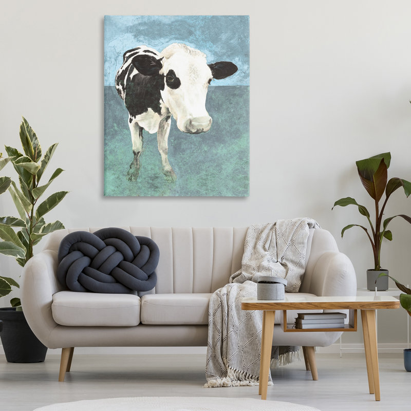 Art mural simple sur toile de vache de ferme par échelle blanche, H 48 po x l 36 po