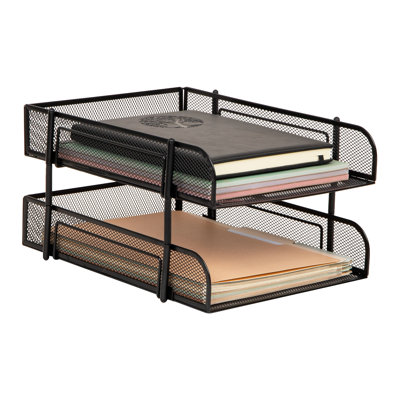 2-Tier Stackable Paper Tray, Metal Mesh Desk Organizer for Files, Documents, and Mail, Office Desktop Storage, Black