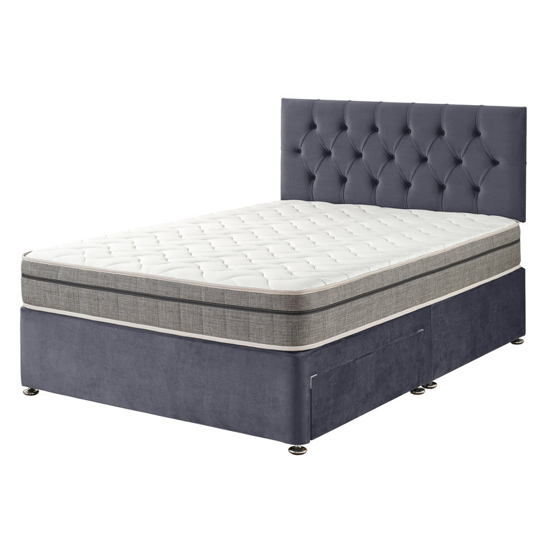 Opie Upholstered Bed with Mattress, Small Single (2'6), 2 Drawers, Grey