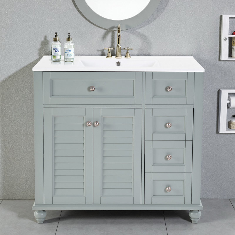 Meuble-lavabo bleu-gris 36 po avec lavabo en céramique - Tiroirs à fermeture en douceur, structure en bois massif, rangement organisé