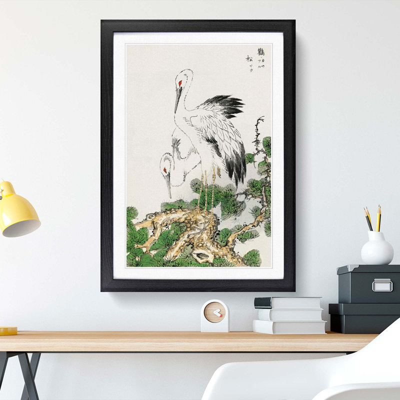 Two Japanese Storks by Numata Kashu - Picture Frame Painting Print, Black Framed, 48cm H x 36cm W x 2cm D