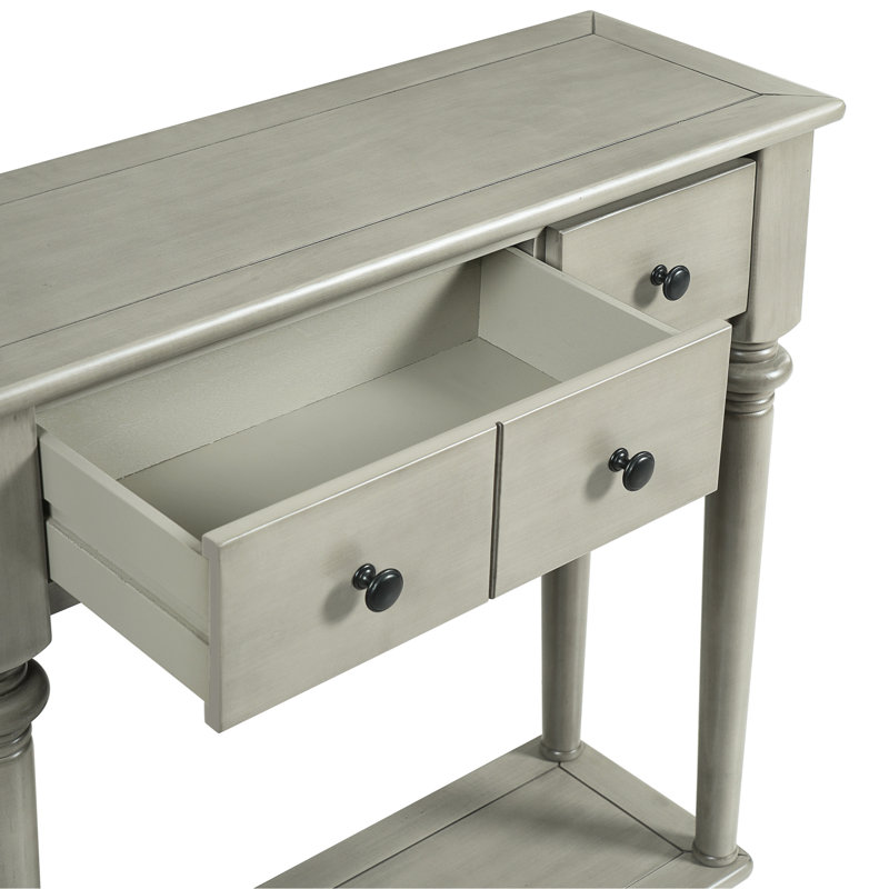 Console grise délavée pour les vestibules et les couloirs, 4 tiroirs, tablette ouverte, table d'entrée de charme rétro, lavabo, tiroirs en bois de pin de qualité