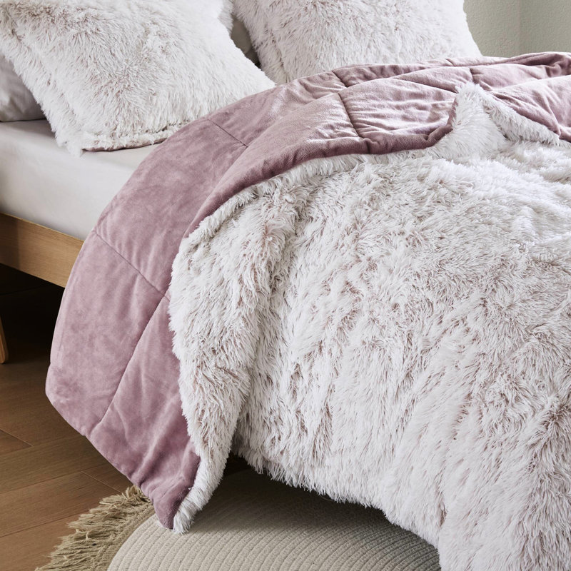 2 pièces d'édredon à poils longs en fausse fourrure pour lit simple / simple TG, rose / blanc, lit doux et chaud TG, duvet synthétique
