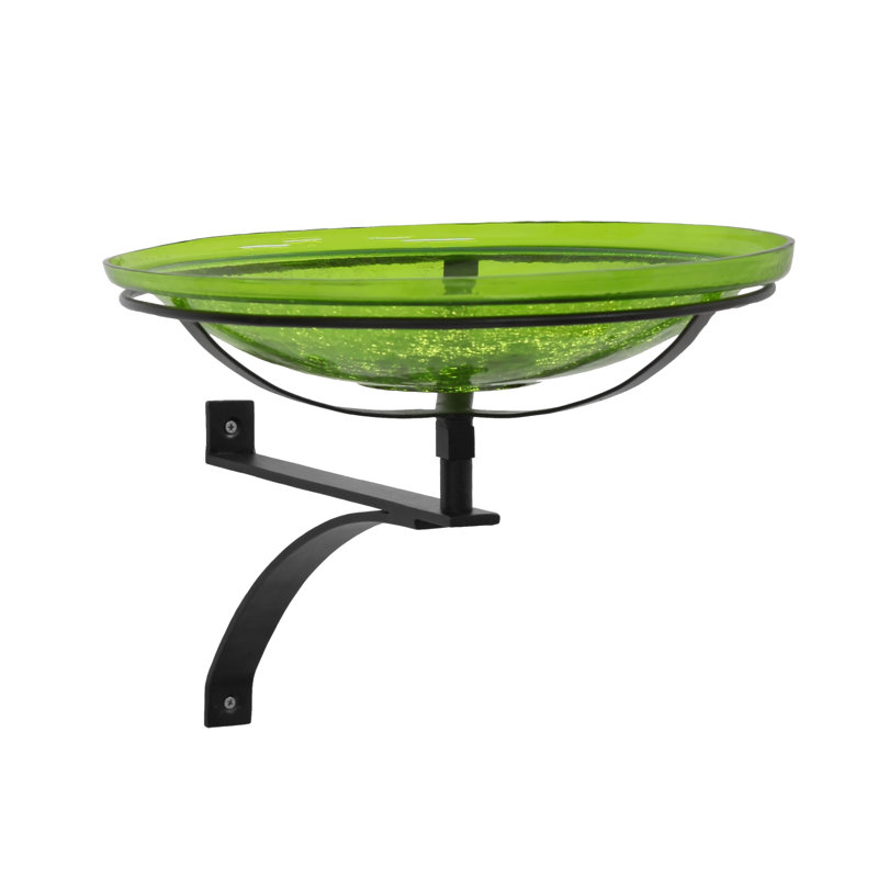 Fern Green Crackle Glass Birdbath with Black Wrought Iron Wall Bracket