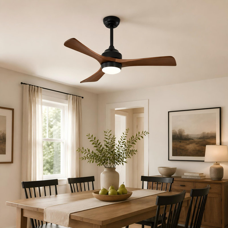 Ventilateur de plafond en bois massif à 3 pales de 42 po avec lumière et télécommande, Noir mat, 42 po de largeur