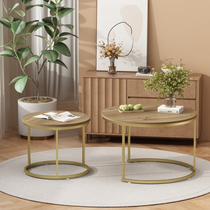 Ensemble de 2 tables basses gigognes rondes, tables de bout latérales empilables en grain de bois rustique avec cadre en métal doré, table d'appoint emboîtable moderne pour le salon, le petit appartement et le condo
